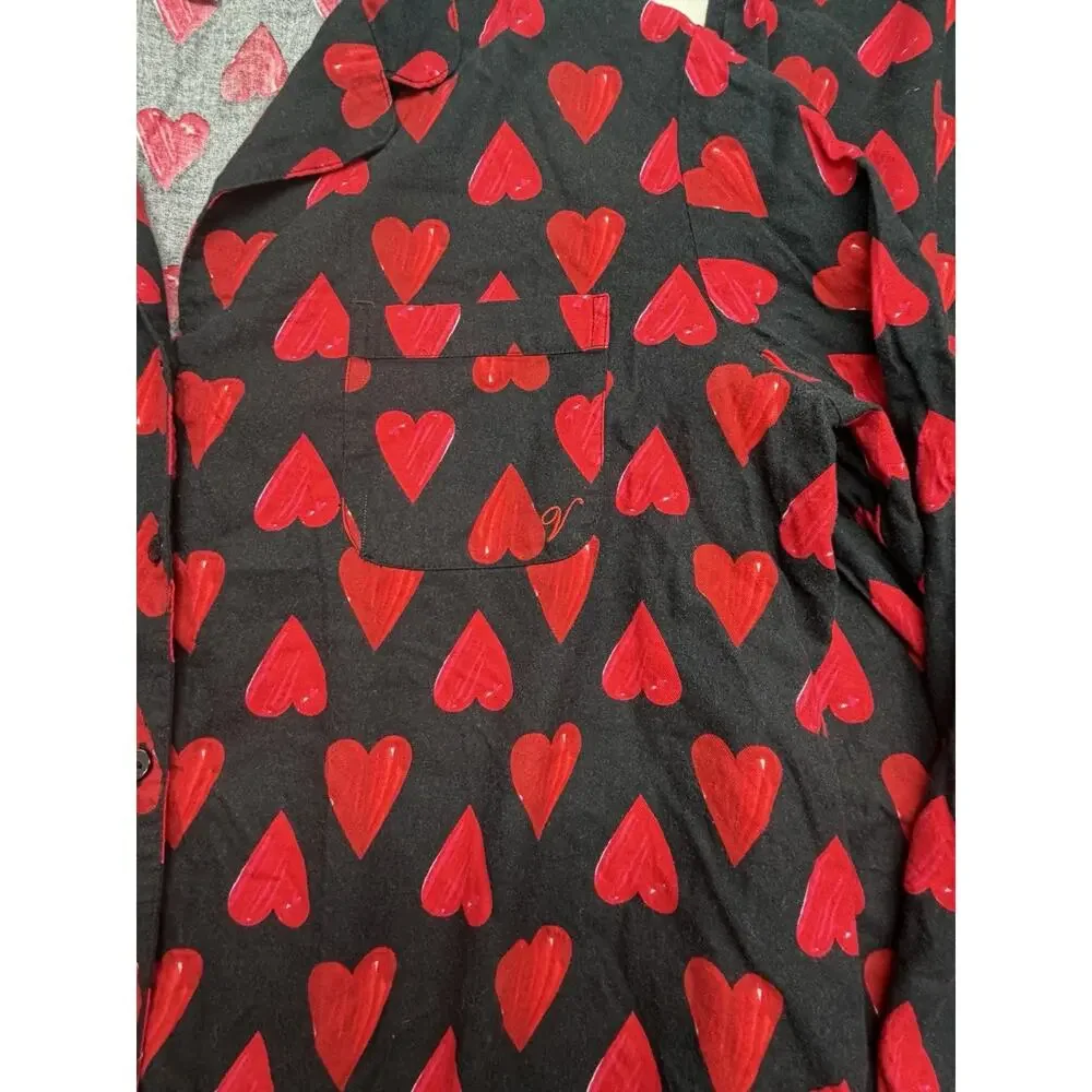 Victorias Secret 2 Piece Pajama Set Large Black Red Heart Print Valentines Set